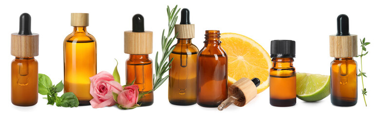 Many different essential oils and ingredients on white background, collage