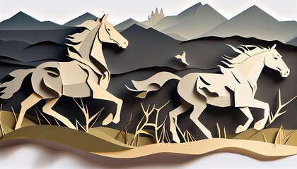 Horses galloping across the meadow, Paper art style. Generative AI.