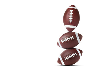 Stack of American football balls on white background. Space for text