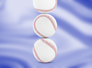 Stack of baseball balls on blue background