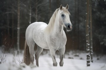 Obraz na płótnie Canvas Arabian stallion in white with snow. Generative AI