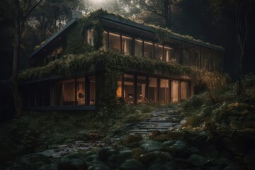 A house in the woods with ivy grown on the house. Generative AI