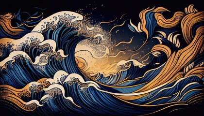 Stormy wave motif Indigo colour, Japanese style background. Generative AI.