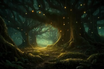 Magic tree in enchanted forest. Generative AI