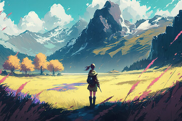 Obraz premium painting of a person standing in a field with mountains in the background, anime landscape, fantastic, fantasy art illustration 