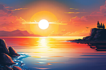 Sunset over a lake, art illustration 