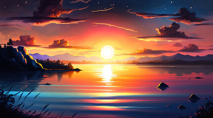 Sunset over a lake, art illustration 