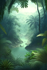 tropical landscape, jungle landscape, art illustration 