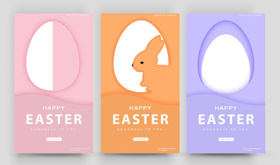 Happy Easter banner. Paper cut style with rabbit and easter eggs. Editable post template set for banner sale, presentation, invitation, stories, streaming.