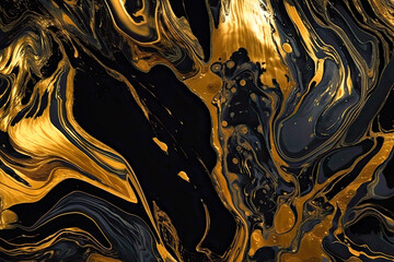 Liquid black marble with gold textures. Luxury pattern, golden, fluid illustration. Abstract melted, golden, texture - Generative AI