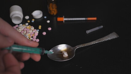 addict's table pills and injection on the black table