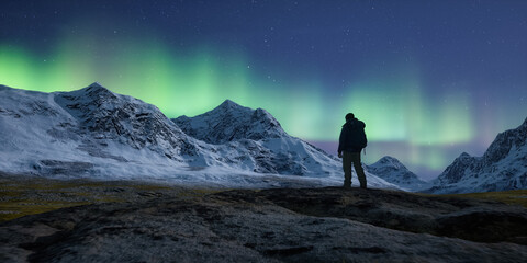 Adventure Man on top of Rocky Mountain Landscape. Nature Background. Cloudy Sky at Night with stars and northern lights. 3d Rendering.