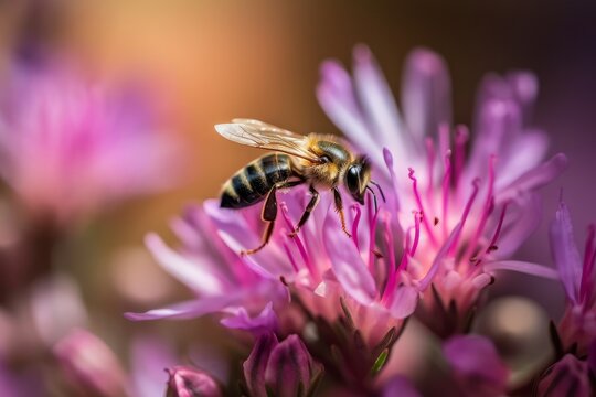A bee pollinates flowers, macro photography, generative AI