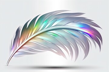 Holographic iridescent bird feathers on white background.
