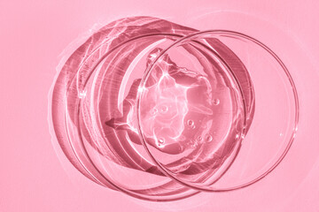 Petri dishes. With transparent gel. On a pink background.