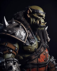 dark fantasy orc warrior in detailed leather armor on dark background, green skin, big teeth, generative ai