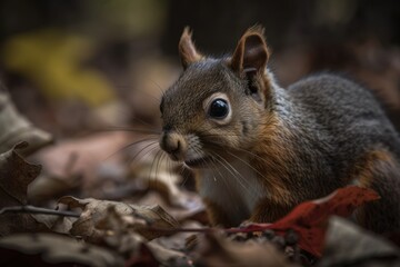Naklejka na ściany i meble a squirrel in a park near Niagara on the Lake, Canada, chewing on leaves. Generative AI