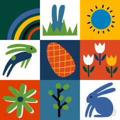 Happy Easter. Patterns. Modern geometric abstract style. A set of vector Easter illustrations. Easter eggs, rabbit. Good for social media post, poster.  vector illustration graphics concept. 