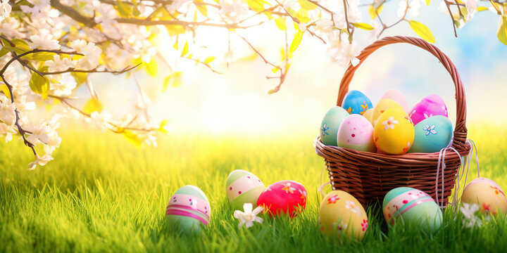 Spring easter decoration. Colorful eggs in a basket in spring sunny blooming cherry orchard. generative ai. Beautiful natural easter banner with copy space