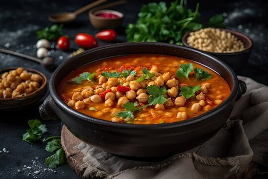 Moroccan Harira Soup in a black bowl on a tabletop made of grey concrete. Moroccan cuisine dish called harira contains lamb or beef, chickpeas, lentils, tomatoes, and cilantro. Iftar meals for Ramadan