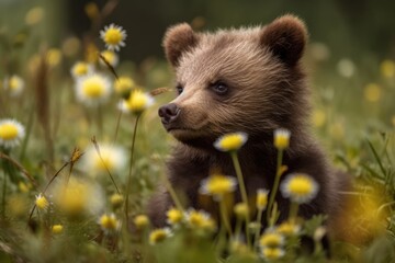 Brown bear cub playing on a lawn surrounded by dandelion flowers. Generative AI