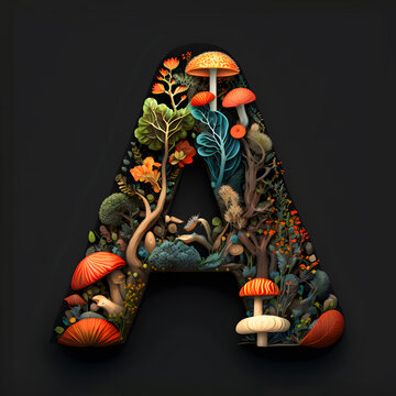 Letter A made of wood, with mushrooms and plants on a black background. Fairy alphabet.