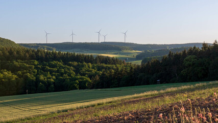 Wind turbines at the horizon in green rural landscape in summer in Werbach, Germany. Alternative renewable green energy