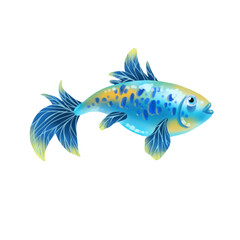 Cute underwater single  fish colorful design. Vector cartoon aquarium character, funny marine creature isolated on white background for print, children development. Handdrawn element for game design.