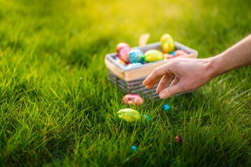 Easter eggs in basket in grass. Easter egg hunt, hand placing eggs in grass for hiding for children. Morning magical light. Spring holidays season, chocolate colorful decorated eggs