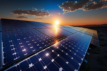 Renewable Energy: solar panels and wind turbines at sunset, harnessing the power of the natural elements to create clean energy. Ai generated.