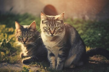 Obraz premium Twin cats appear untrustworthy. Generative AI