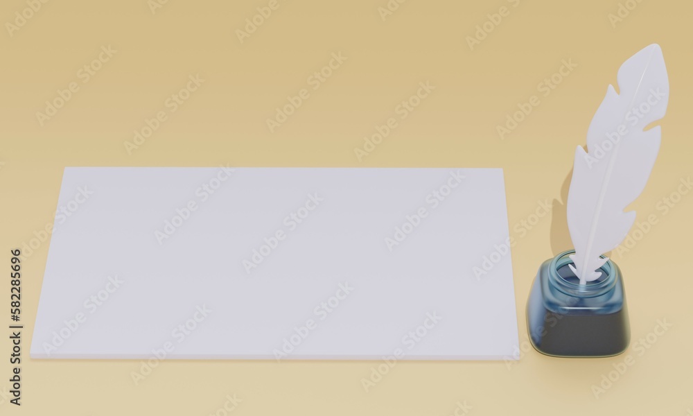 Poster feather in inkwell with empty paper. 3d rendering