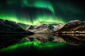 Fototapeta na wymiar Full moon and the aurora borealis in the sky above the Tromso fjords in Norway This image's components were provided by NASA. Generative AI