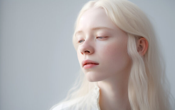 Albino Girl with pale white skin, natural lips and white hair. Photo face on a light background. Studio portrait. Illustrative generative Ai. not a real person. 