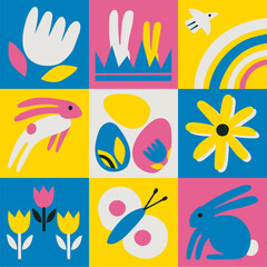 Happy Easter. Patterns. Modern geometric abstract style. A set of vector Easter illustrations. Easter eggs, rabbit. Good for social media post, poster.  vector illustration graphics concept. 