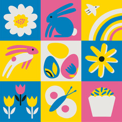 Happy Easter. Patterns. Modern geometric abstract style. A set of vector Easter illustrations. Easter eggs, rabbit. Good for social media post, poster.  vector illustration graphics concept.