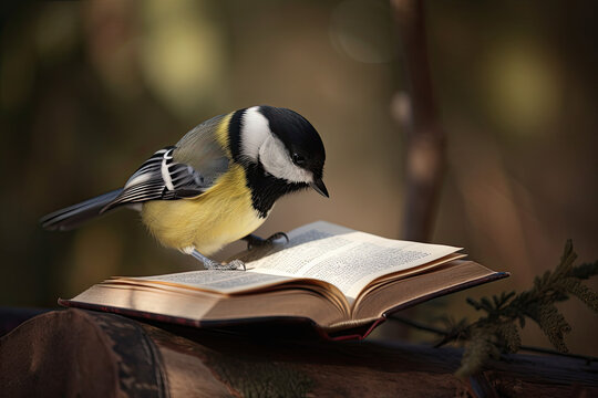 Greattit bird reading a book. Generative AI image.