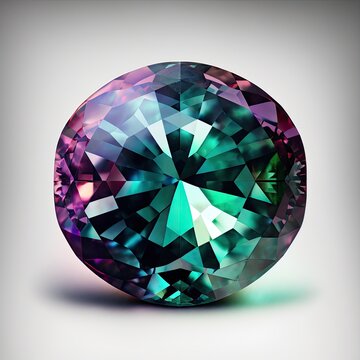 Front view of shining bright alexandrite gemstone illustration on a light gray background. Generative AI illustration.