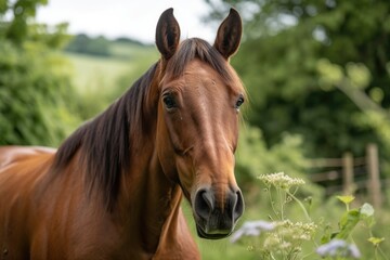 Naklejka na ściany i meble Gorgeous portrait of a thoroughbred Bay horse with an inquisitive expression, taken in the Cotswolds in Gloucestershire, the United Kingdom. Generative AI