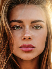 Beautiful young woman with natural freckles on face. Closeup portrait of an attractive girl - 582286270