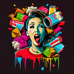 Illustration of a graffiti girl with paints. Generative AI.