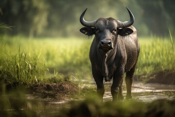 Standing in a rice field is a Thai buffalo. Generative AI