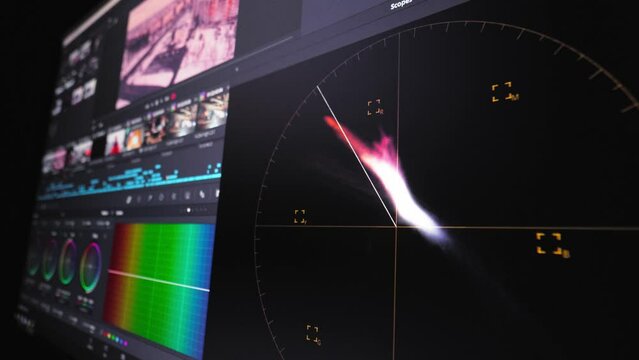 Color grading indicator graph on screen. RGB colour correction graphic bar on monitor in post production process. Telecine stage in video or film production processing. for colorist digital grading.