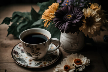 Cup Of Coffee Sits On Table Next To Flowers, Coffee And Flowers On Table, Spring Season, Generative Ai