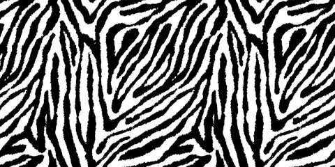 Seamless zebra skin or tiger fur stripe pattern. Tileable monochrome bold black and white African safari wildlife background texture. Abstract trendy boho chic fashion animal print camouflage motif. © Unleashed Design
