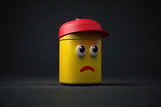 yellow flat-nosed paint can character with red cap on dark background, created with generative ai