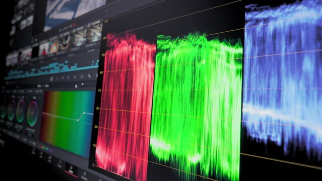Color grading indicator graph on screen. RGB colour correction graphic bar on monitor in post production process. Telecine stage in video or film production processing. for colorist digital grading.