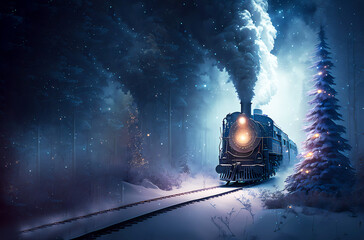 Fototapeta na wymiar Locomotive. Night winter fairytale landscape. Banner. created by AI