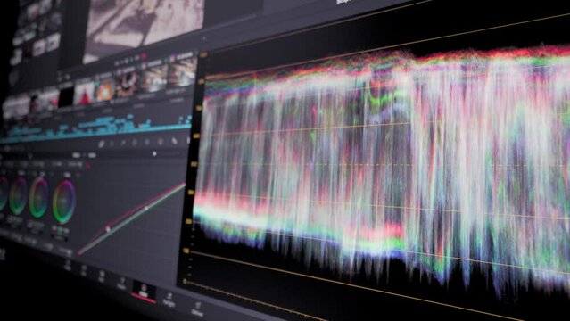 Color grading indicator graph on screen. RGB colour correction graphic bar on monitor in post production process. Telecine stage in video or film production processing. for colorist digital grading.