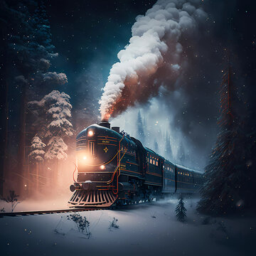 Locomotive. Night winter fairytale landscape. created by AI